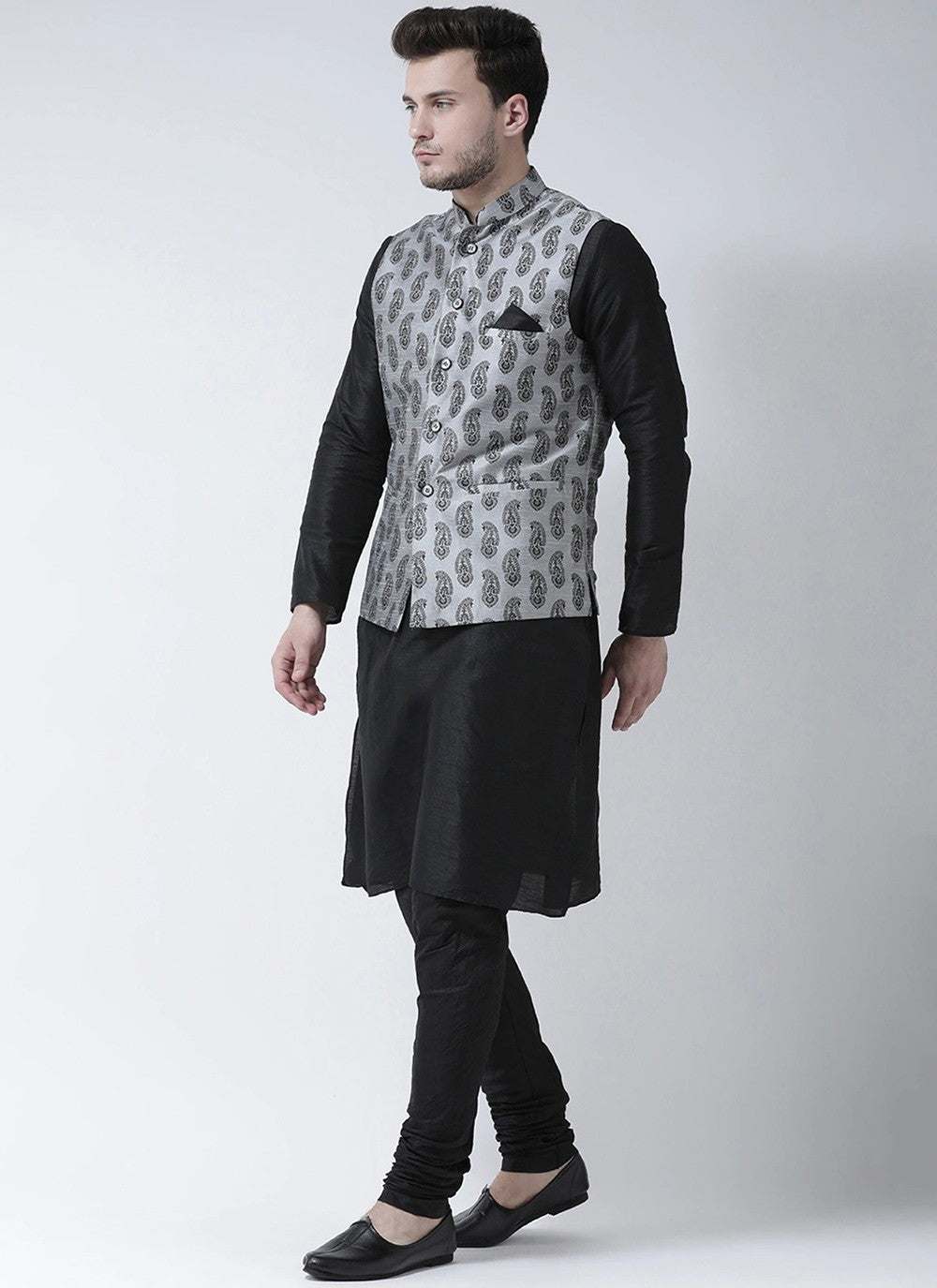 Printed Dupion Silk Black, Grey Kurta Payjama With Jacket - M6279
