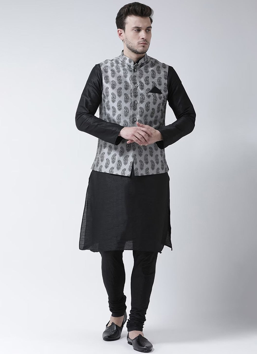Printed Dupion Silk Black, Grey Kurta Payjama With Jacket - M6279
