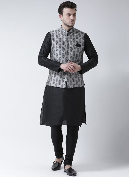Printed Dupion Silk Black, Grey Kurta Payjama With Jacket - M6279