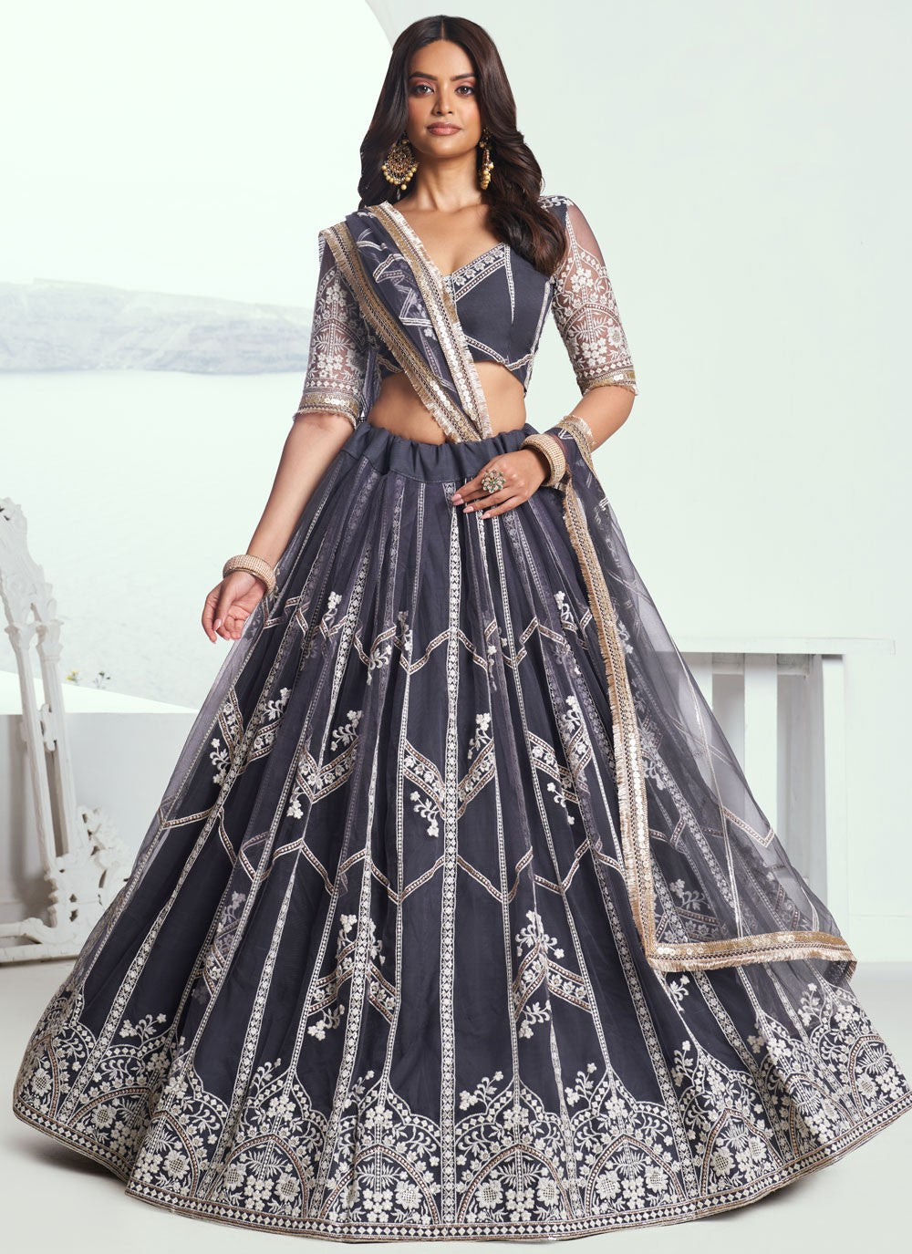 Embroidered Net Black A - Line Lehenga  L3773