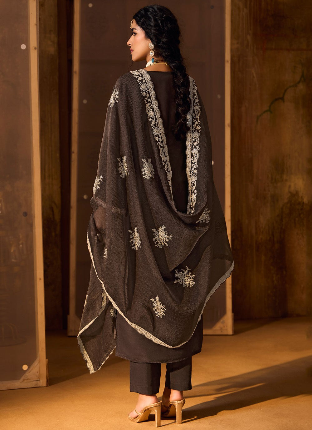 Salwar Suit Embroidered Black, Grey Silk T5559