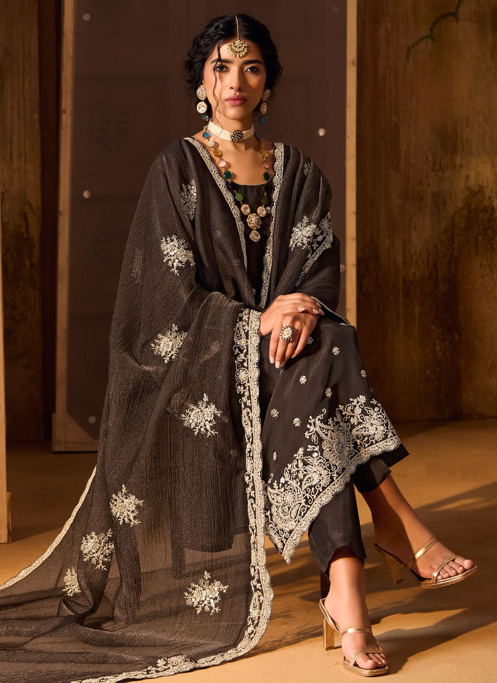 Salwar Suit Embroidered Black, Grey Silk T5559