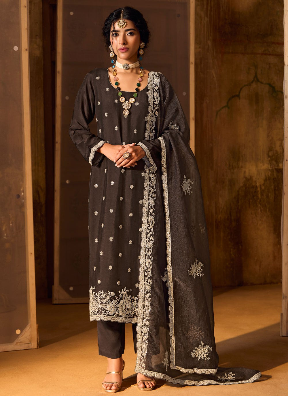 Salwar Suit Embroidered Black, Grey Silk T5559