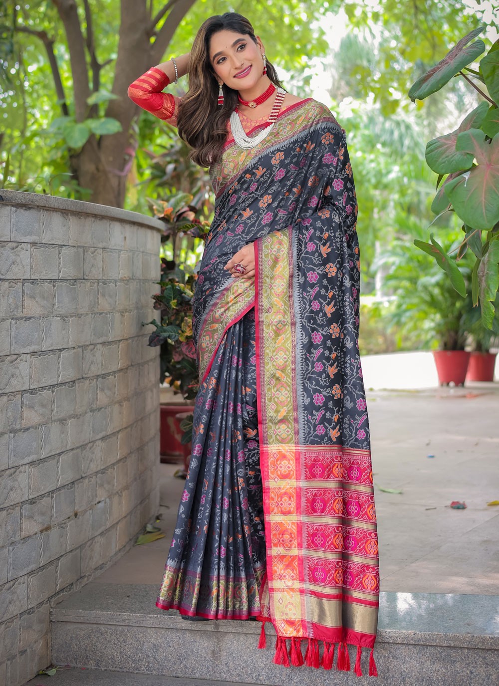 Traditional Woven Black, Grey Patola Silk Saree S12441
