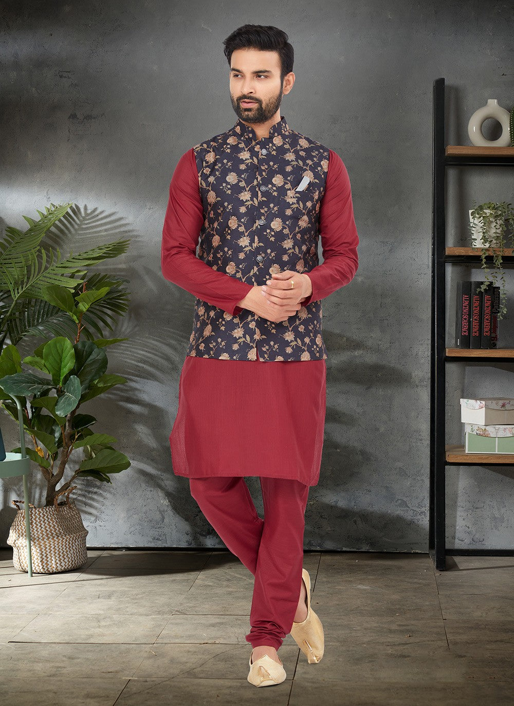 Digital Print Cotton , Silk Black, Maroon Kurta Payjama With Jacket - M6480