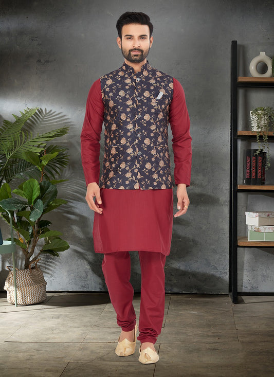 Digital Print Cotton , Silk Black, Maroon Kurta Payjama With Jacket - M6480