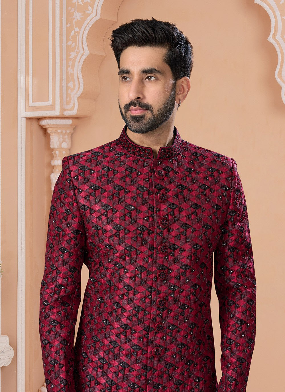 Hand Embroidery Jacquard Black, Maroon Indo Western Sherwani - M6910