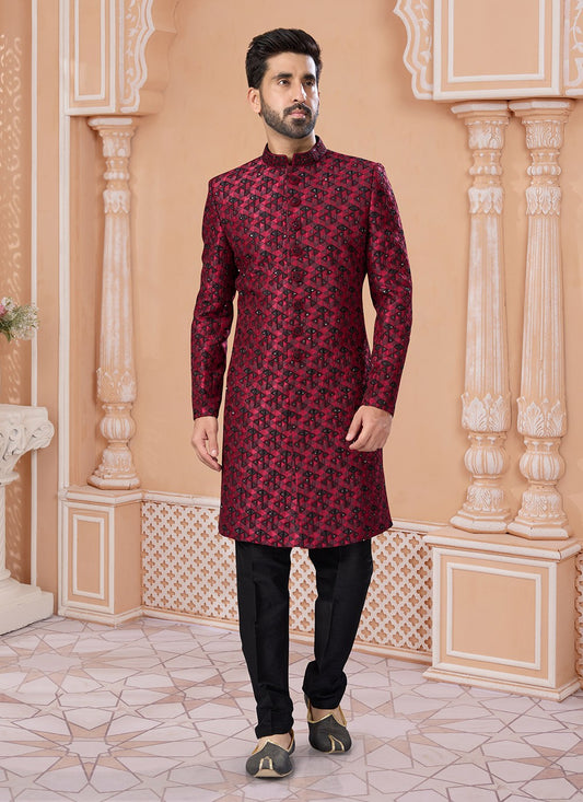 Hand Embroidery Jacquard Black, Maroon Indo Western Sherwani - M6910