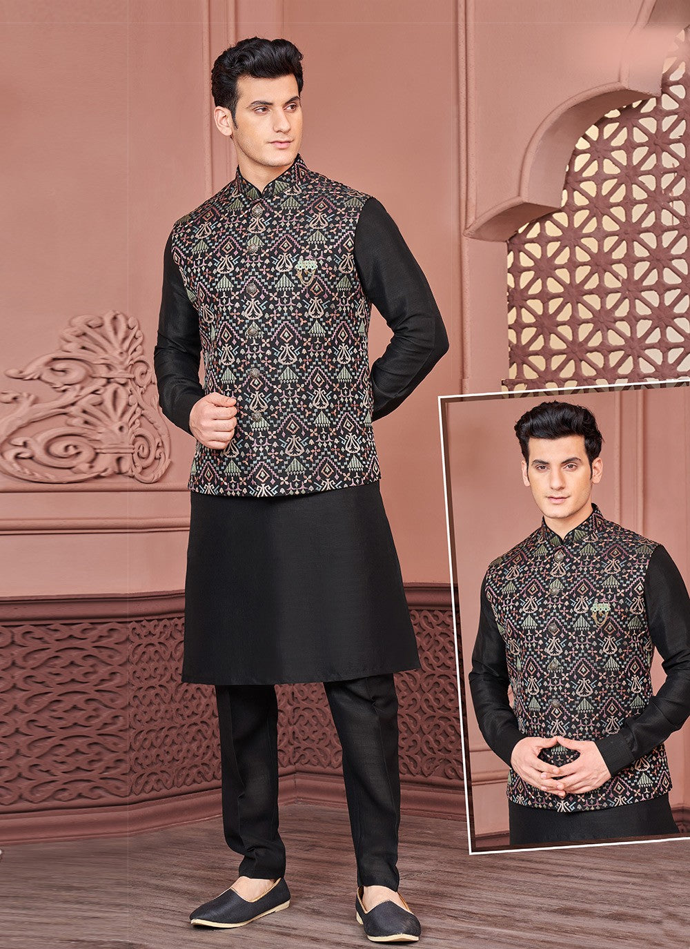 Embroidered Banarasi Silk Black, Multi Colour Kurta Payjama With Jacket - M6328