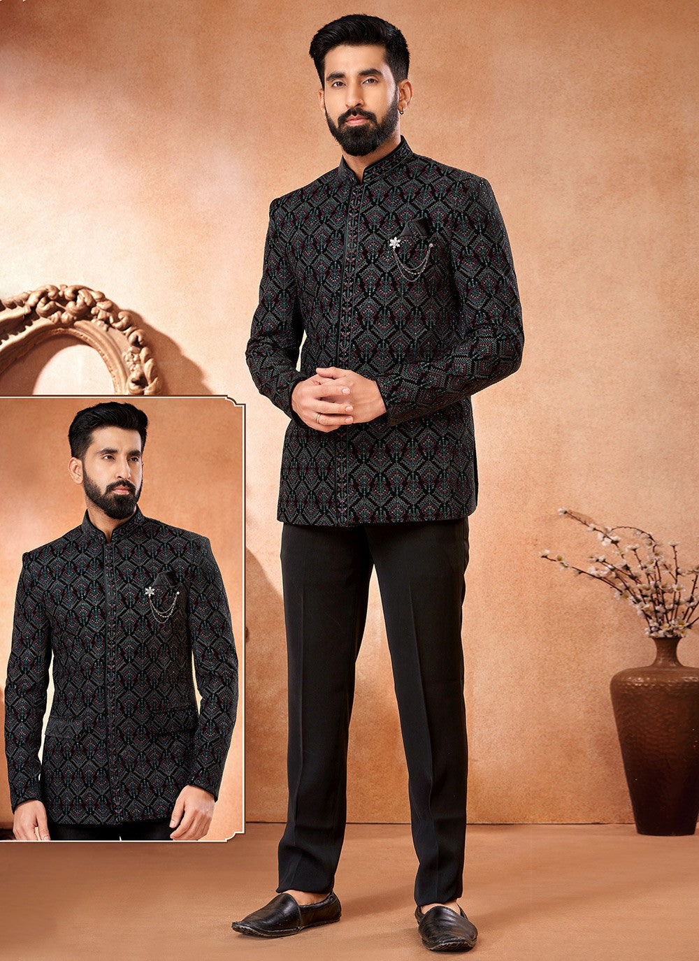 Embroidered Velvet Black, Multi Colour Jodhpuri Jacket - M6658