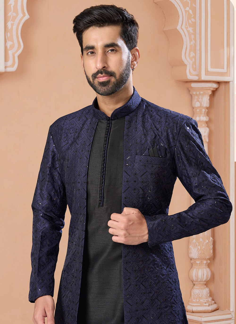 Fancy Work Banglori Silk Black, Navy Blue Indo Western Sherwani - M7163