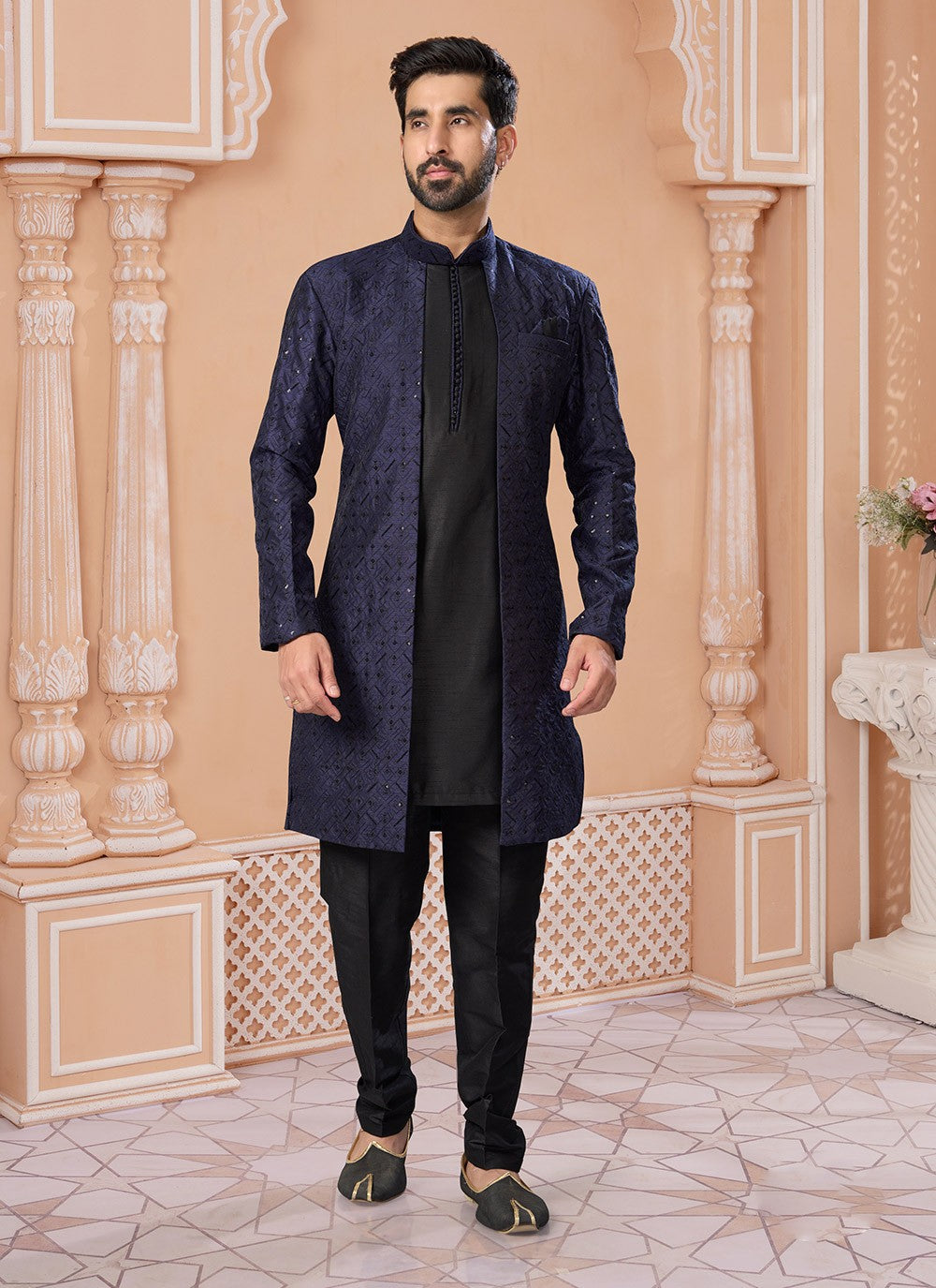 Fancy Work Banglori Silk Black, Navy Blue Indo Western Sherwani - M7163