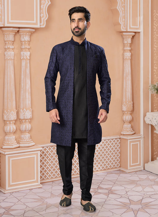 Embroidered Banglori Silk Black, Navy Blue Indo Western Sherwani - M6889