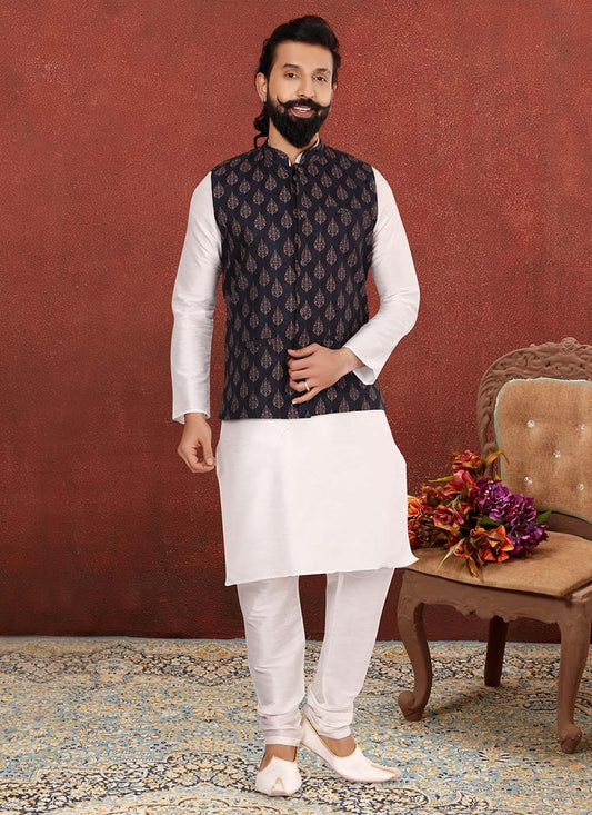 Printed Cotton , Dupion Silk Black, Off White Kurta Payjama With Jacket - M2545