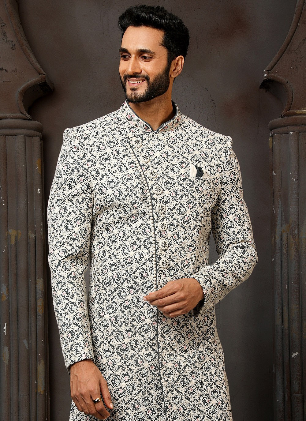 Machine Embroidery Art Silk Black, Off White Sherwani - M4125