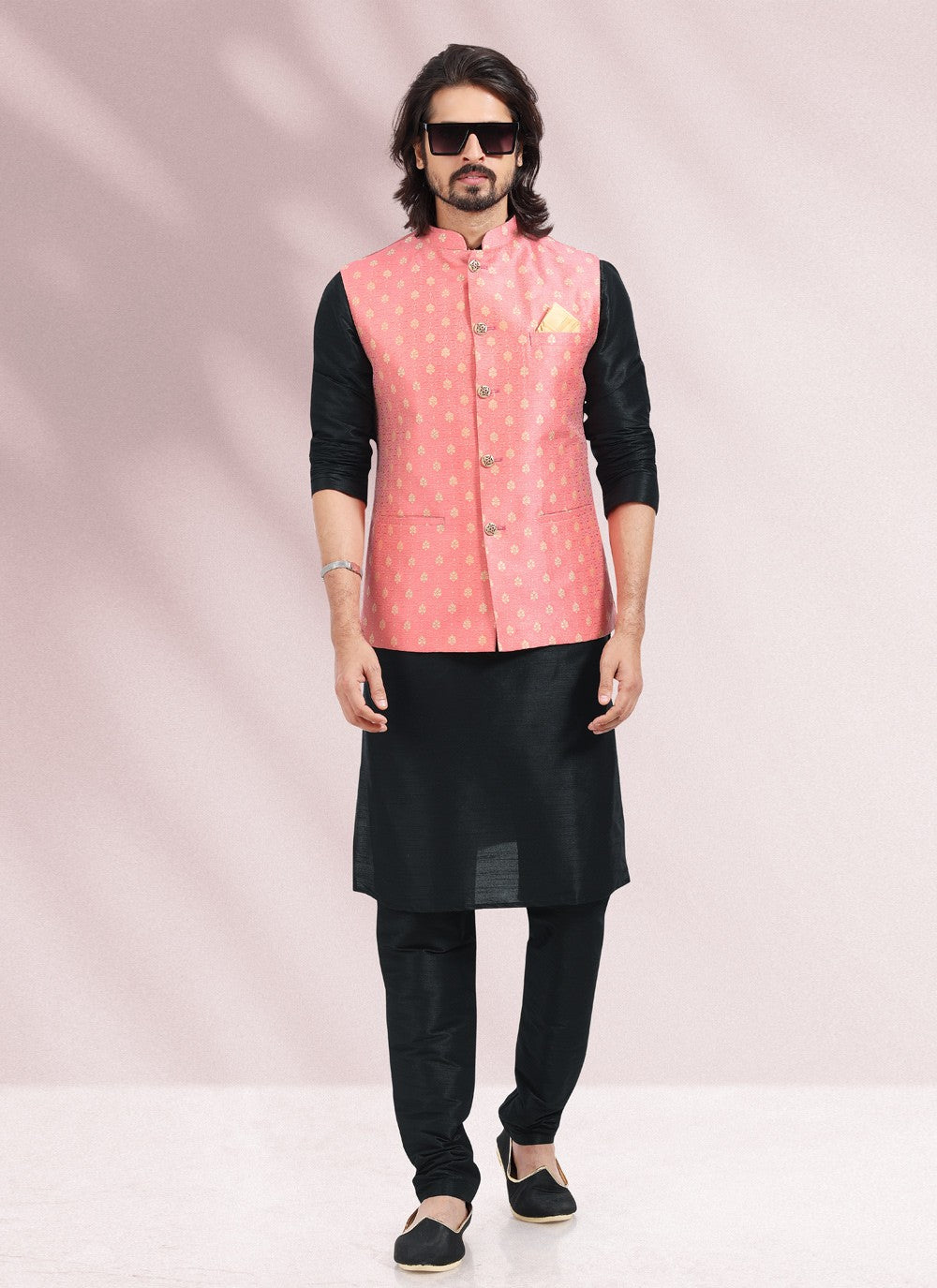 Jacquard Work Banarasi Silk, Jacquard Black, Pink Kurta Payjama With Jacket - M4876