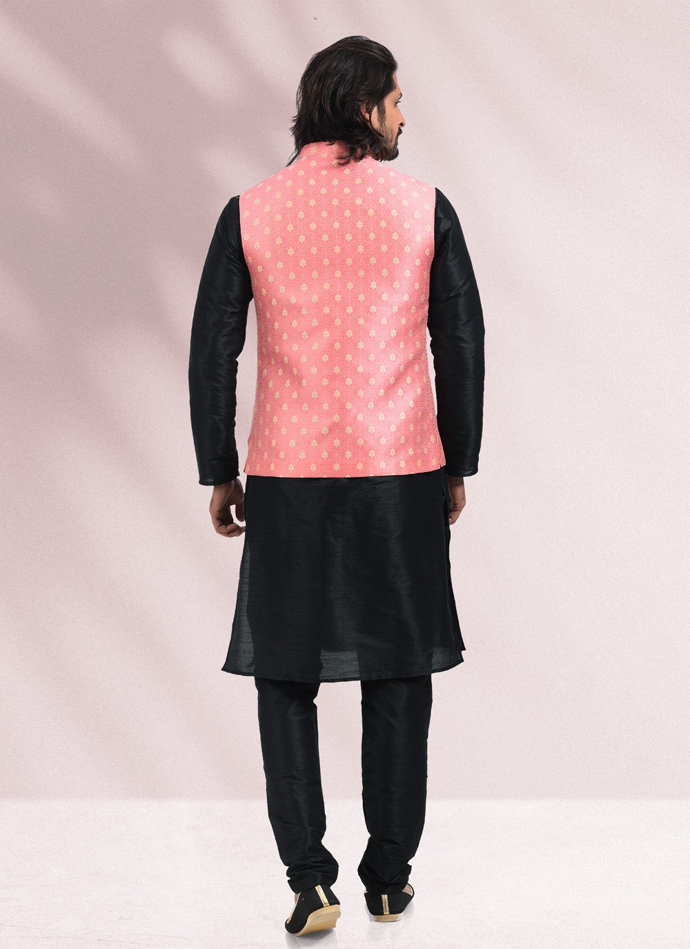 Jacquard Work Banarasi Silk, Jacquard Black, Pink Kurta Payjama With Jacket - M4876