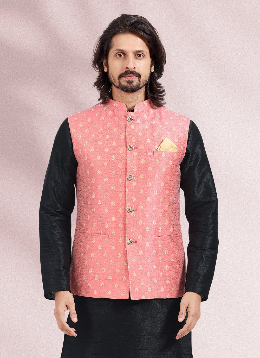 Jacquard Work Banarasi Silk, Jacquard Black, Pink Kurta Payjama With Jacket - M4876