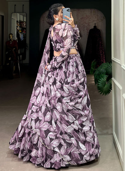 Foliage Prints Silk Black, Purple Lehenga - L3389