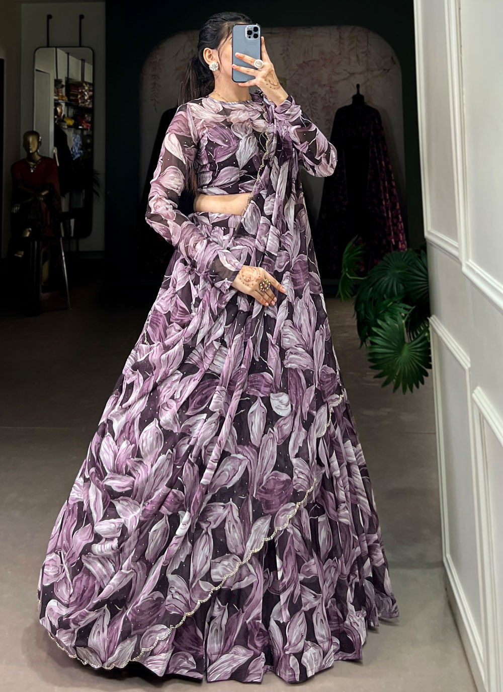Foliage Prints Silk Black, Purple Lehenga - L3389