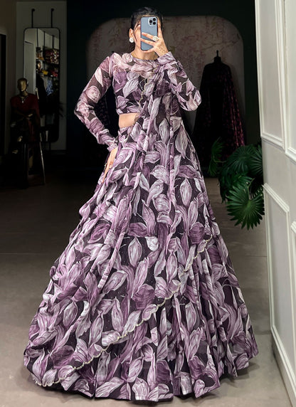 Foliage Prints Silk Black, Purple Lehenga - L3389
