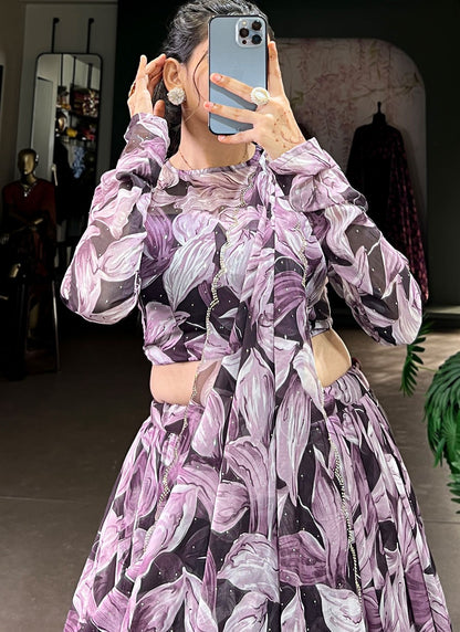 Foliage Prints Silk Black, Purple Lehenga - L3389