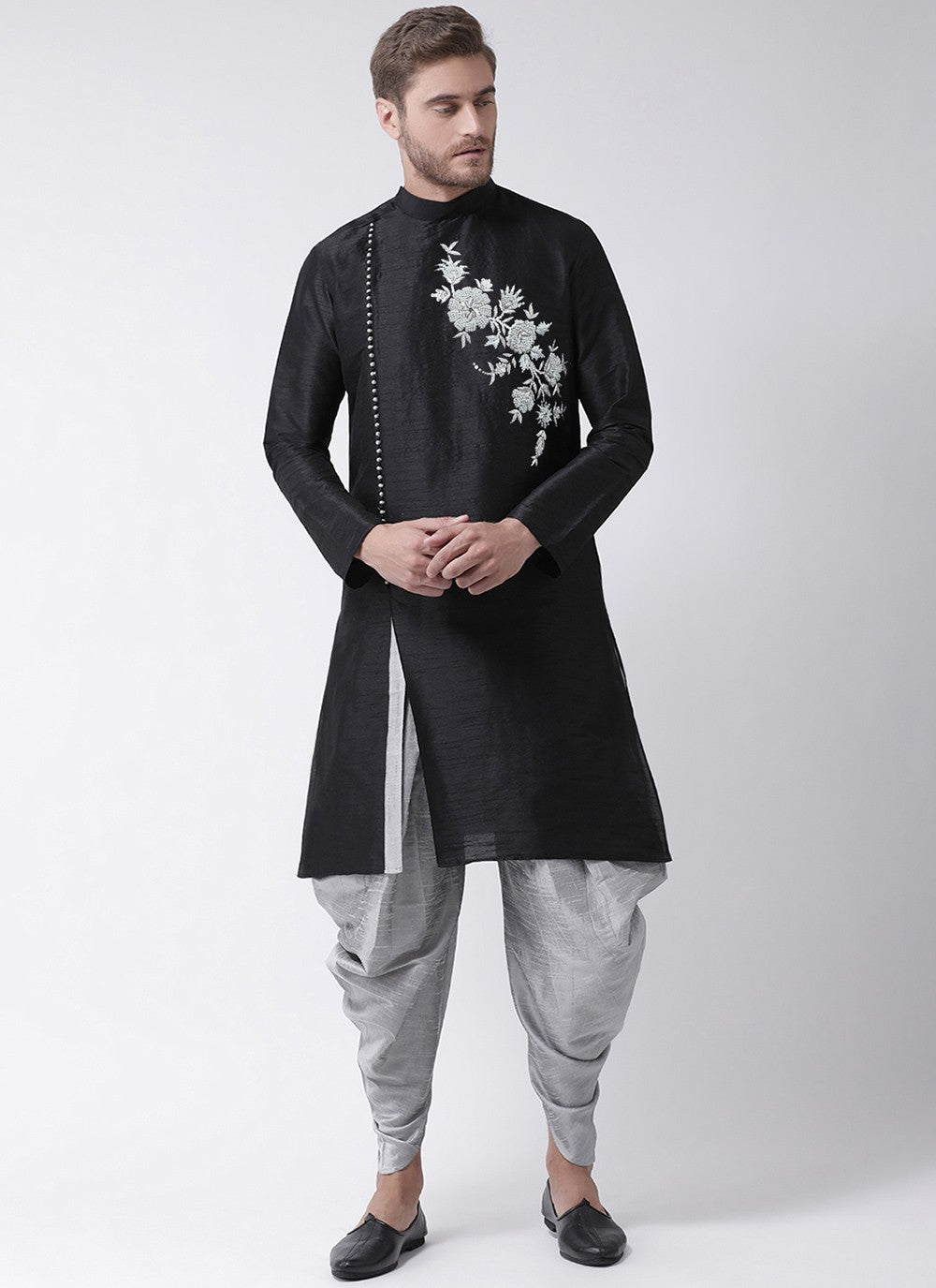 Embroidered Art Dupion Silk Black Angrakha - M3480