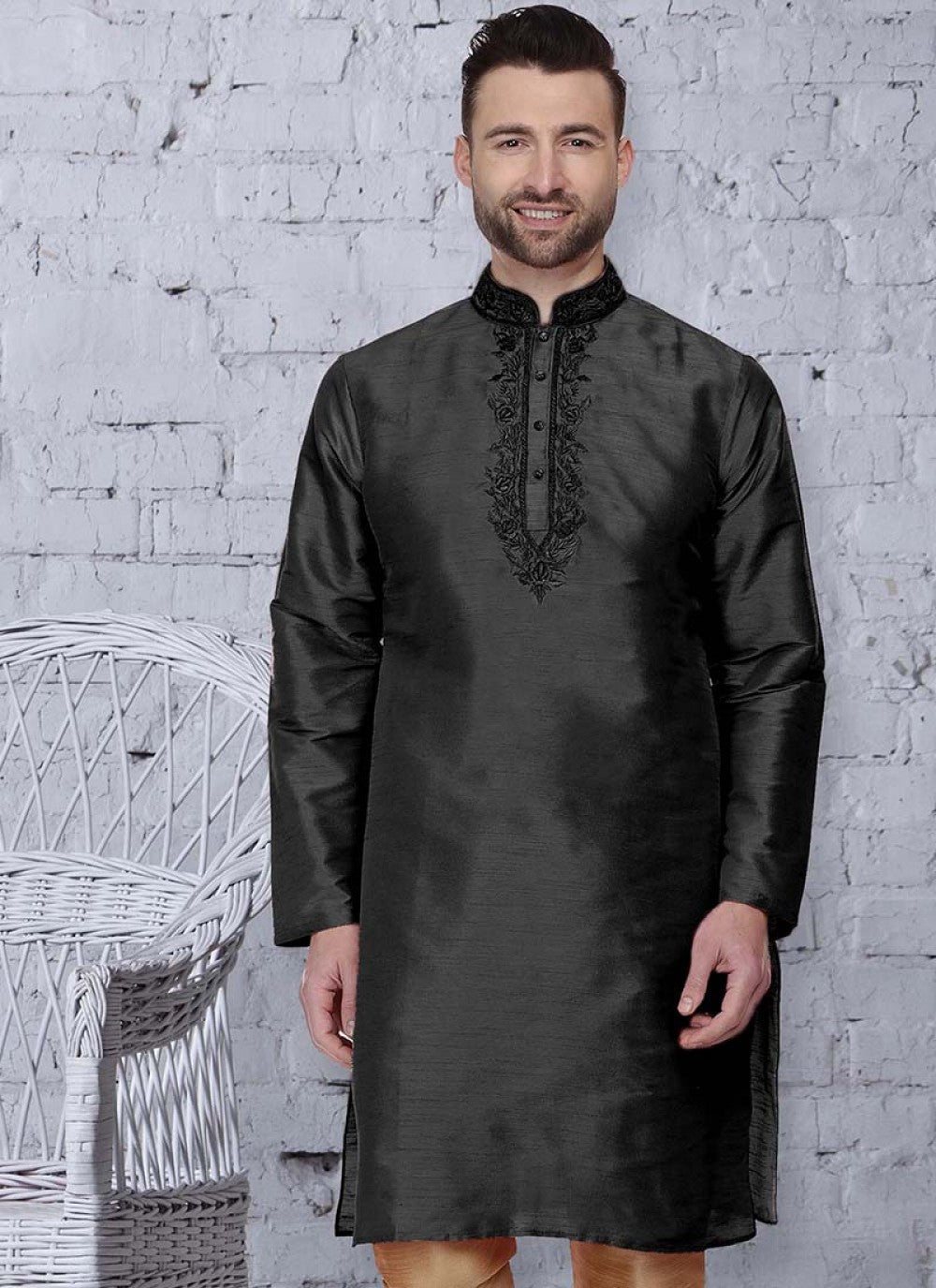 Embroidered Art Dupion Silk Black Kurta - M1519
