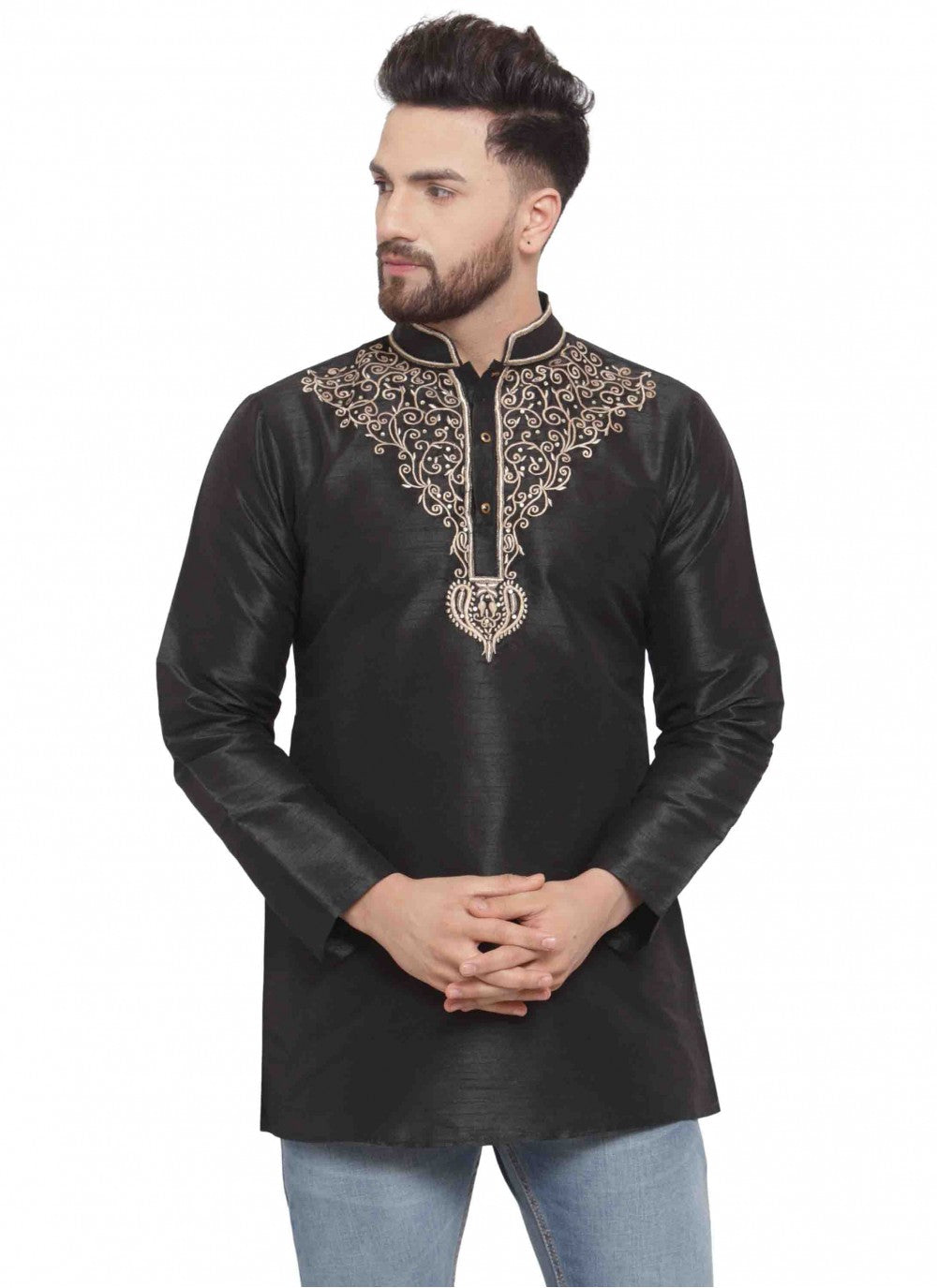 Embroidered Art Dupion Silk Black Kurta - M1698