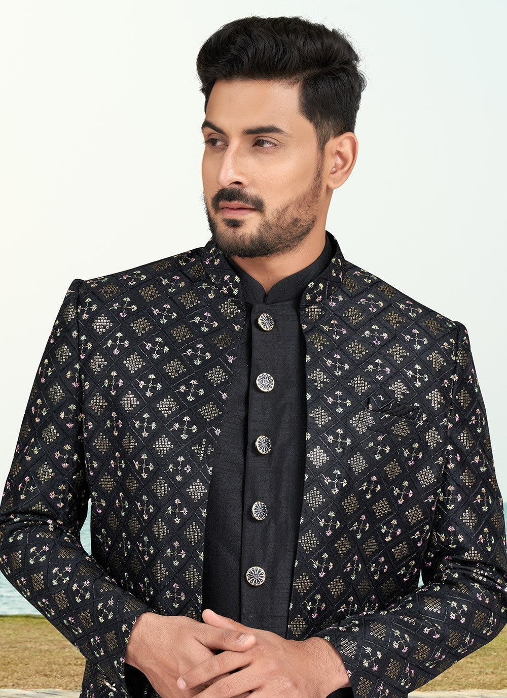 Machine Embroidery Banarasi Silk Black Sherwani - M6768