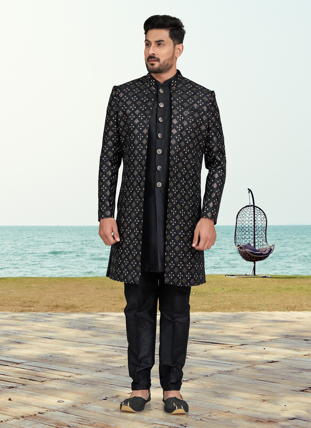 Machine Embroidery Banarasi Silk Black Sherwani - M6768