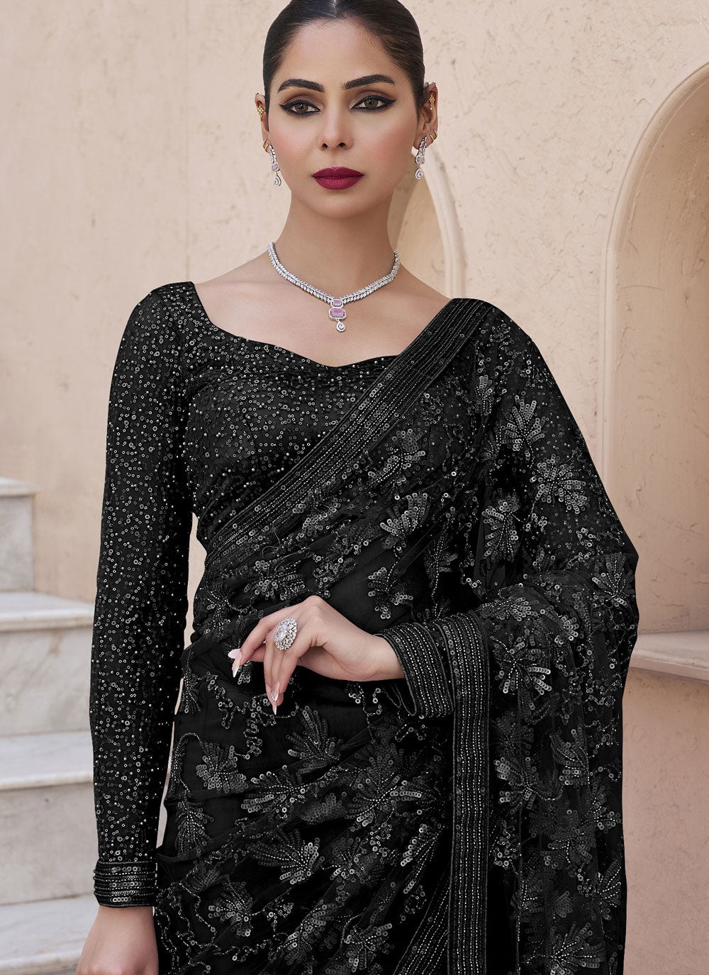 Beads Net Black Saree S13936