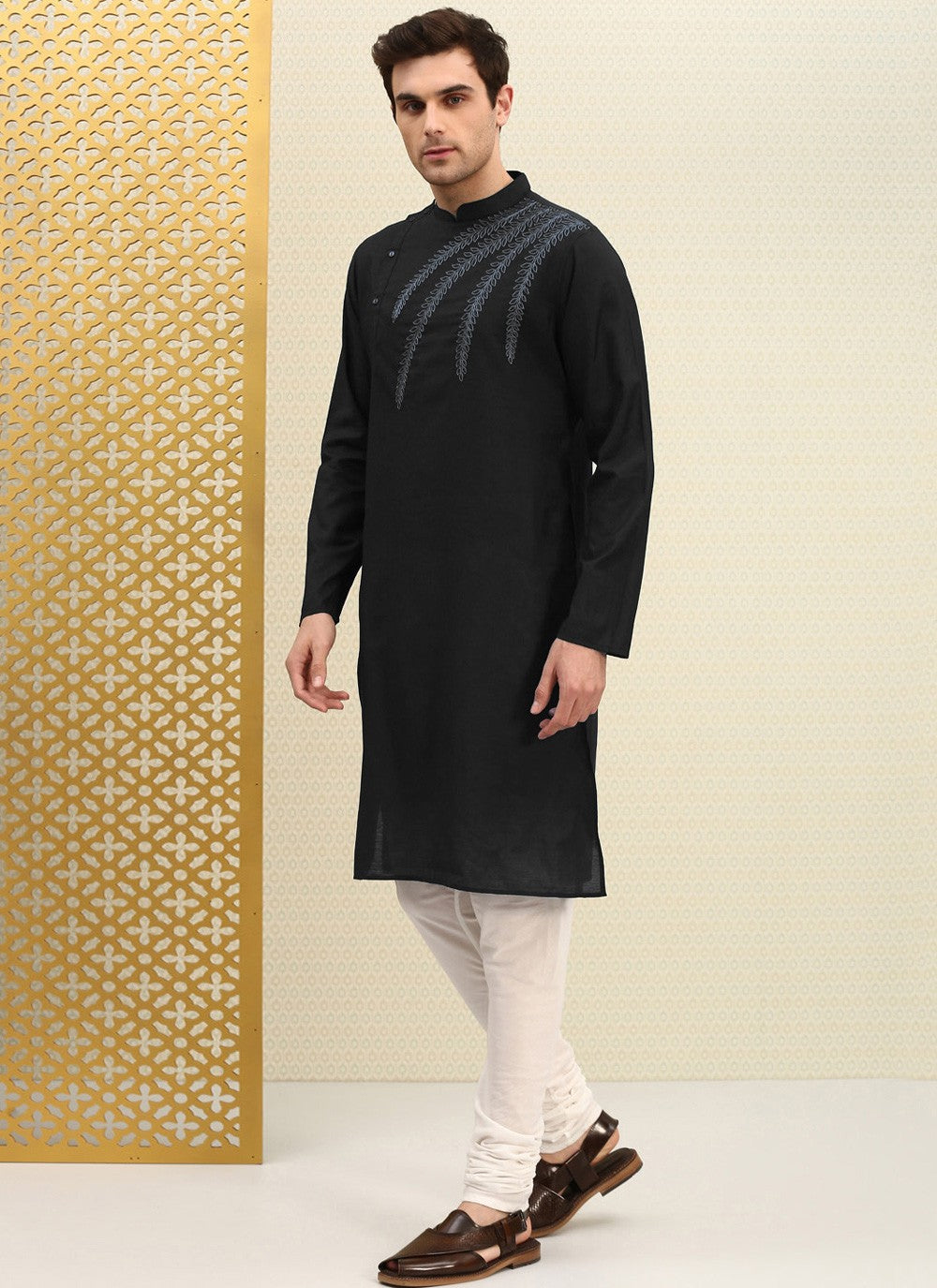 Embroidered Blended Cotton Black Kurta Pyjama - M4499