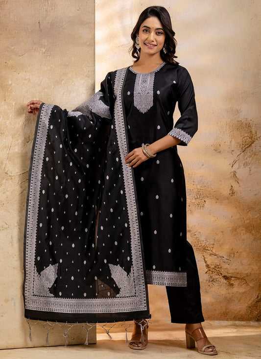 Salwar Suit Jacquard Work, Weaving Zari Black T7354