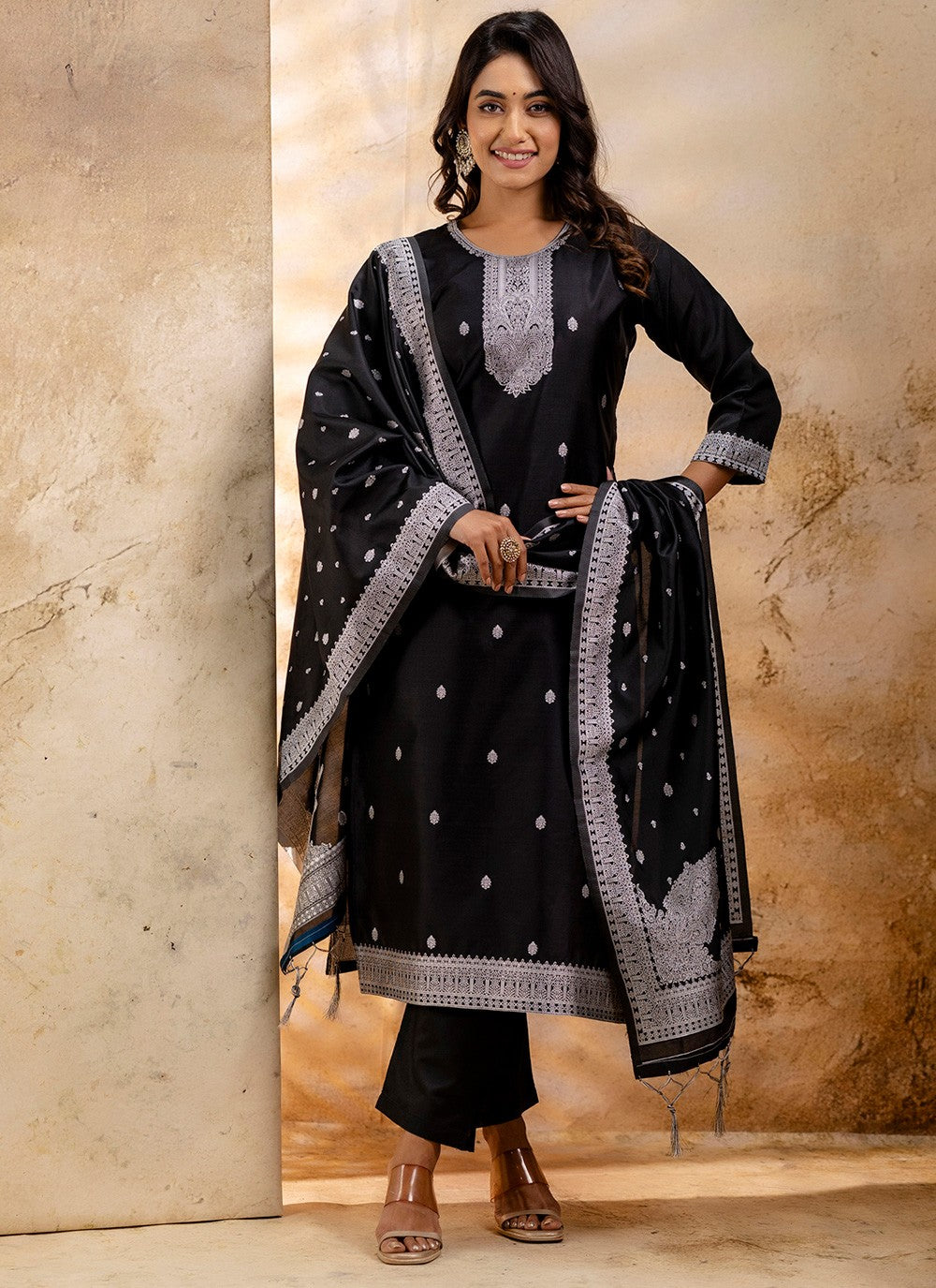 Salwar Suit Jacquard Work, Weaving Zari Black T7354