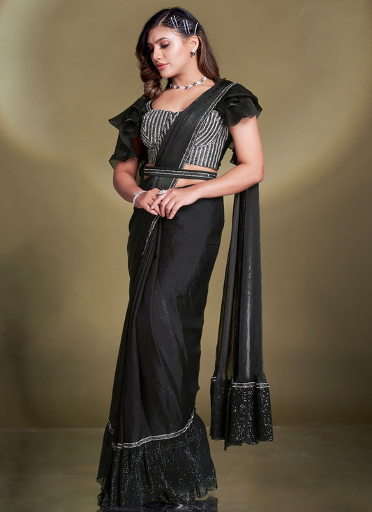 Black Satin Silk Ruffle Saree Border Work, Lace S15699