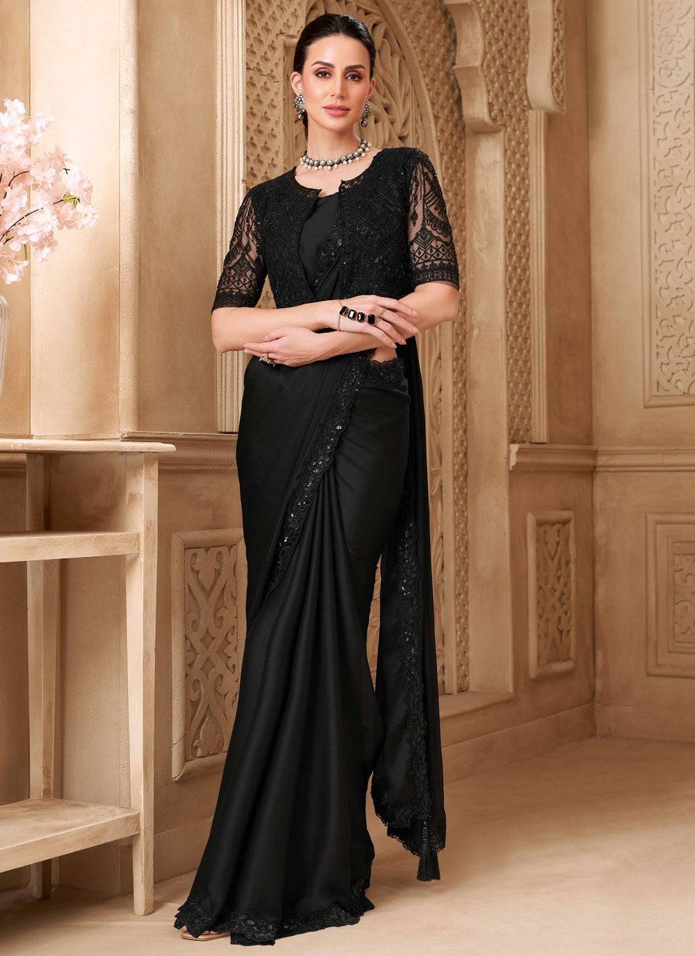 Black Georgette Satin Contemporary Saree Border Work, Embroidered S19789