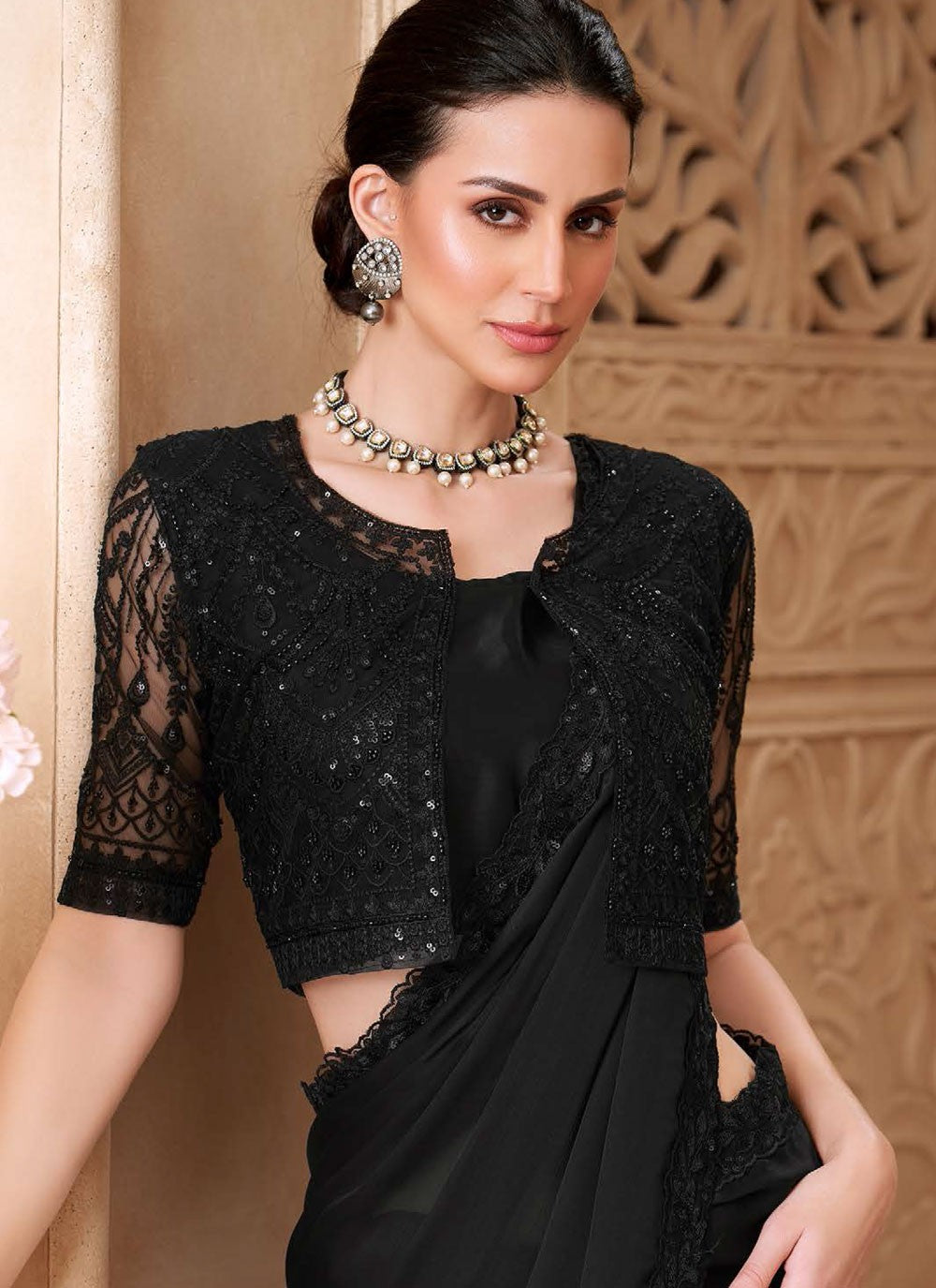Black Georgette Satin Contemporary Saree Border Work, Embroidered S19789
