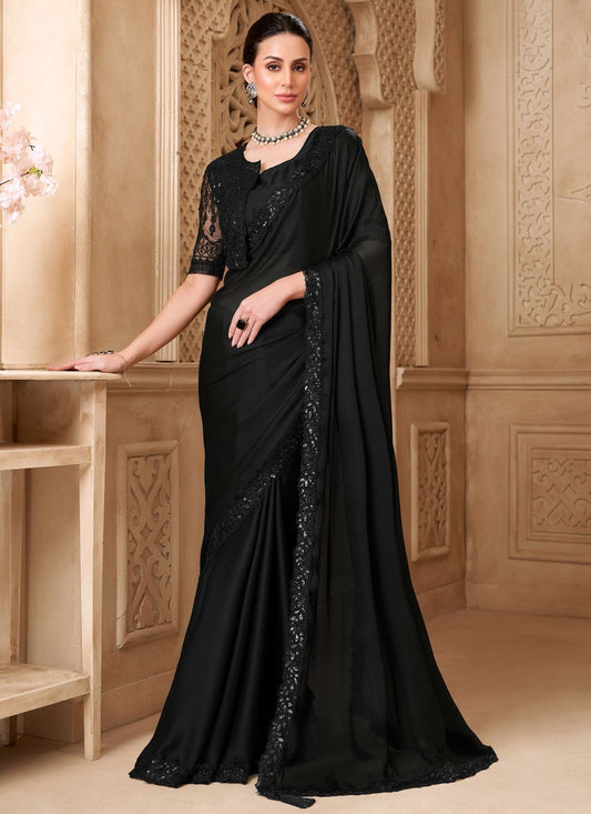 Black Georgette Satin Contemporary Saree Border Work, Embroidered S19789