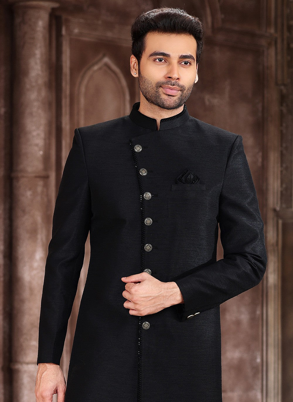 Buttons Art Silk Black Indo Western Sherwani - M5383