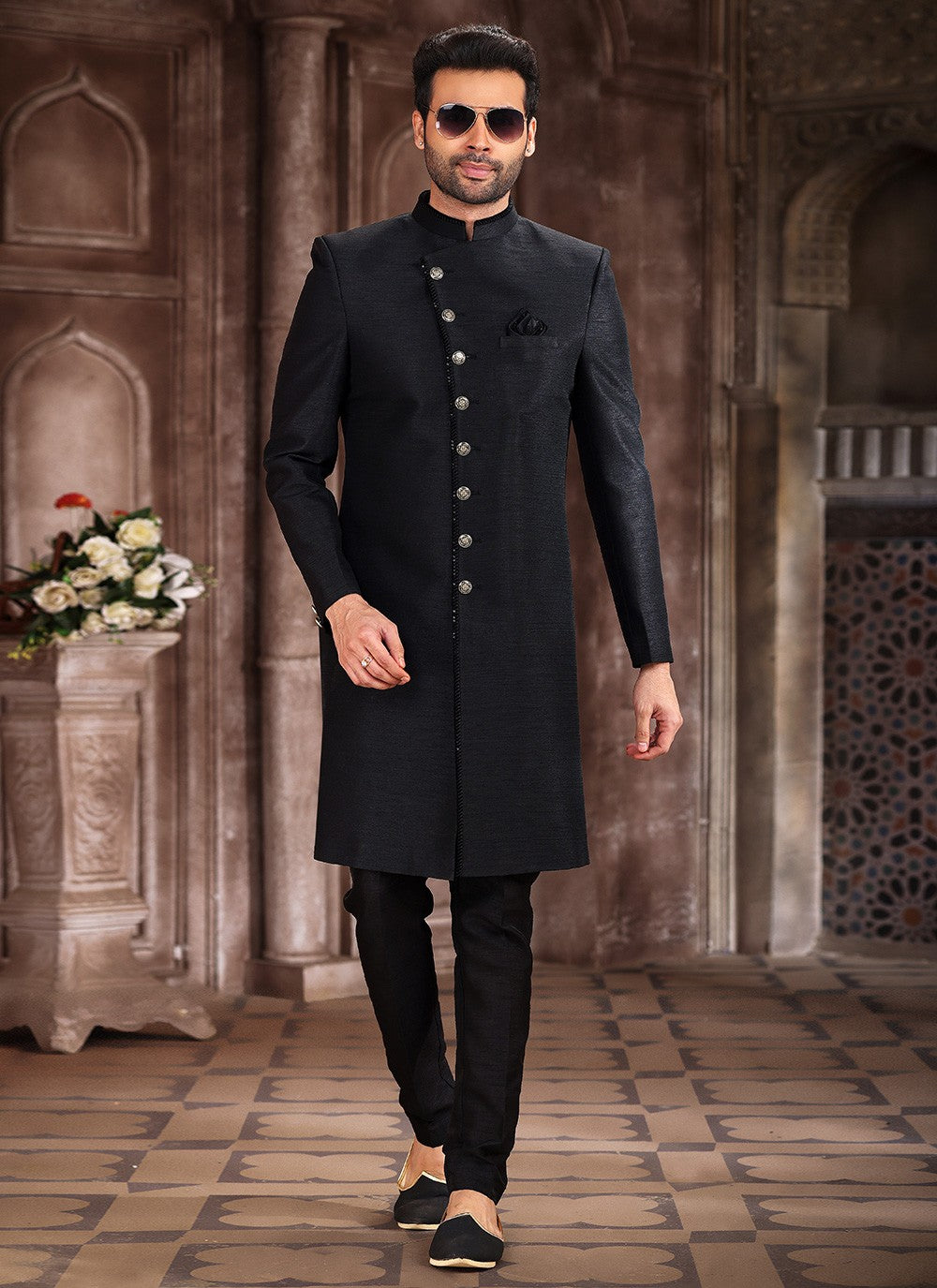 Buttons Art Silk Black Indo Western Sherwani - M5383