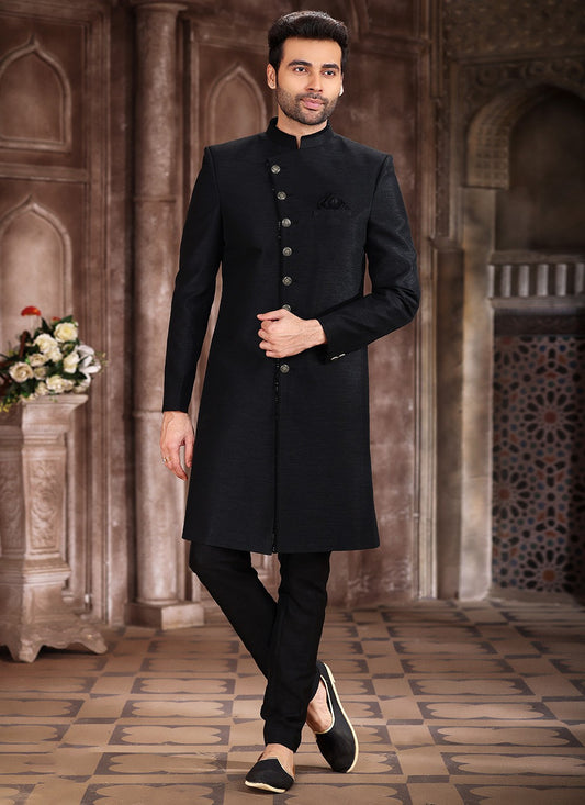 Buttons Art Silk Black Indo Western Sherwani - M5383