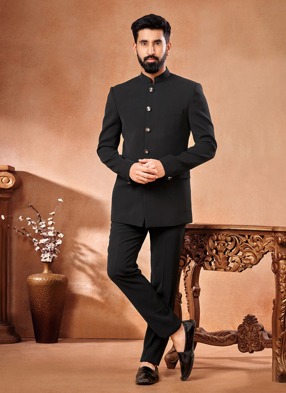 Buttons Synthetic Black Jodhpuri Jacket - M6656