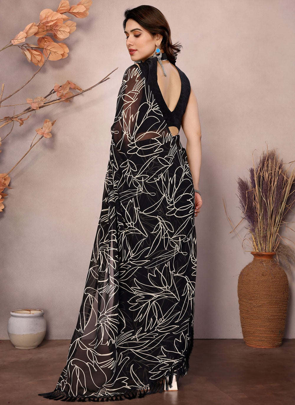 Printed Georgette Black Saree S14179