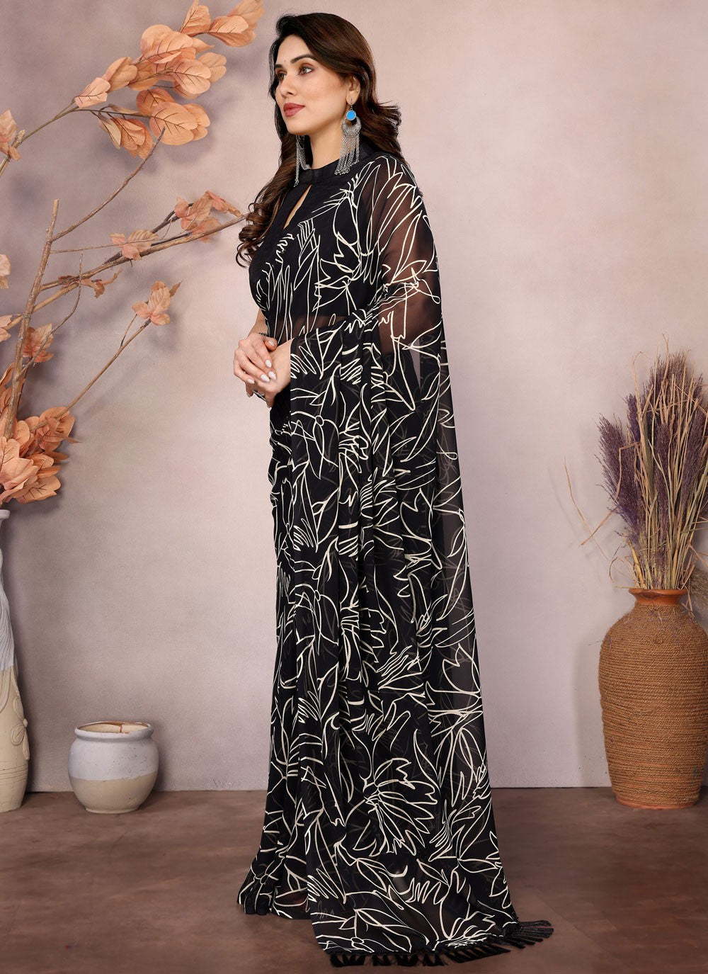 Printed Georgette Black Saree S13943