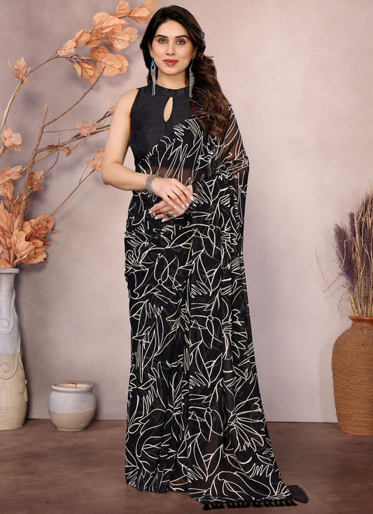 Printed Georgette Black Saree S14179