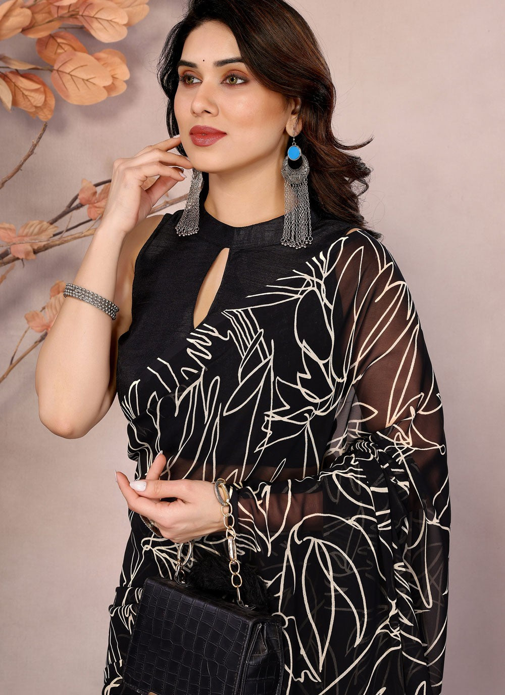 Printed Georgette Black Saree S14179