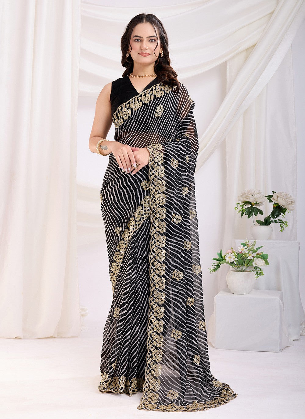 Embroidered Georgette Black Saree S13786