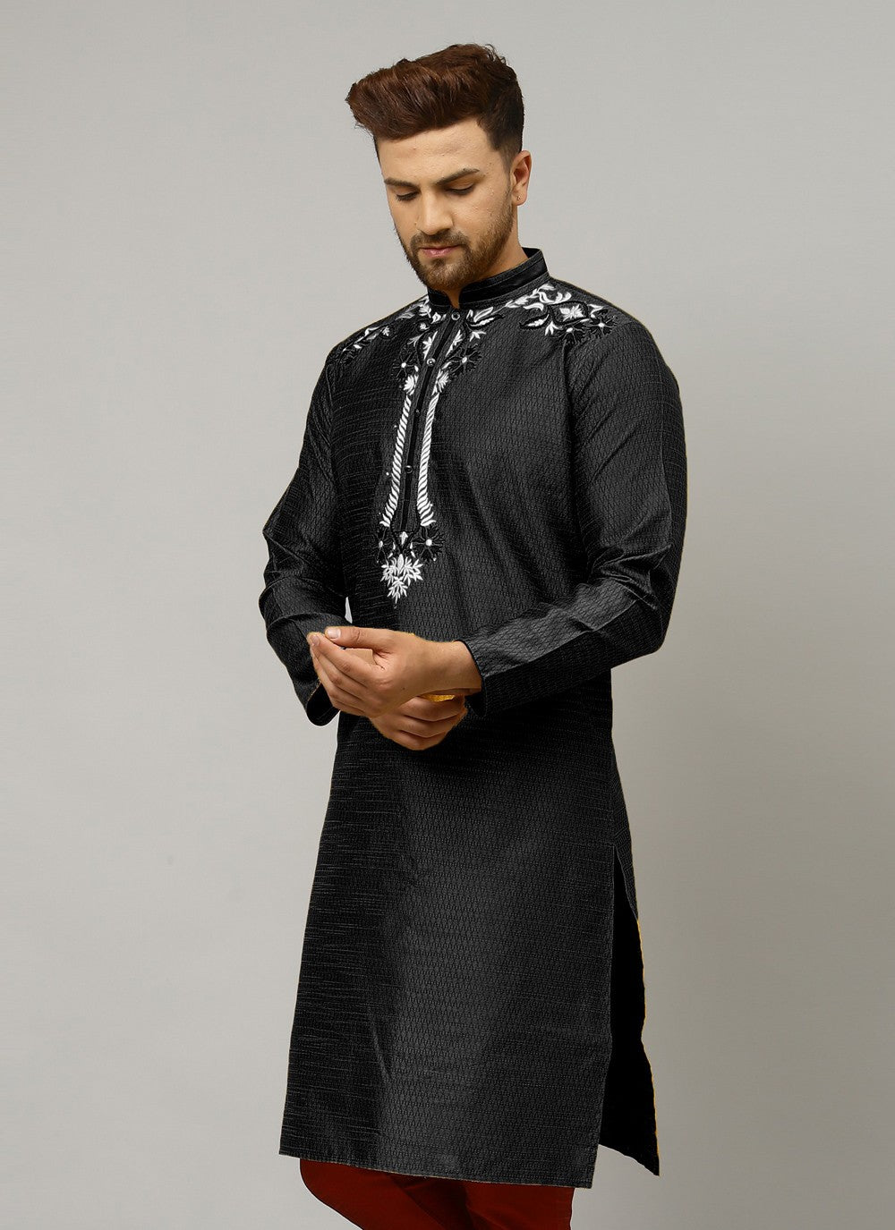 Embroidered Art Dupion Silk Black Kurta - M4233