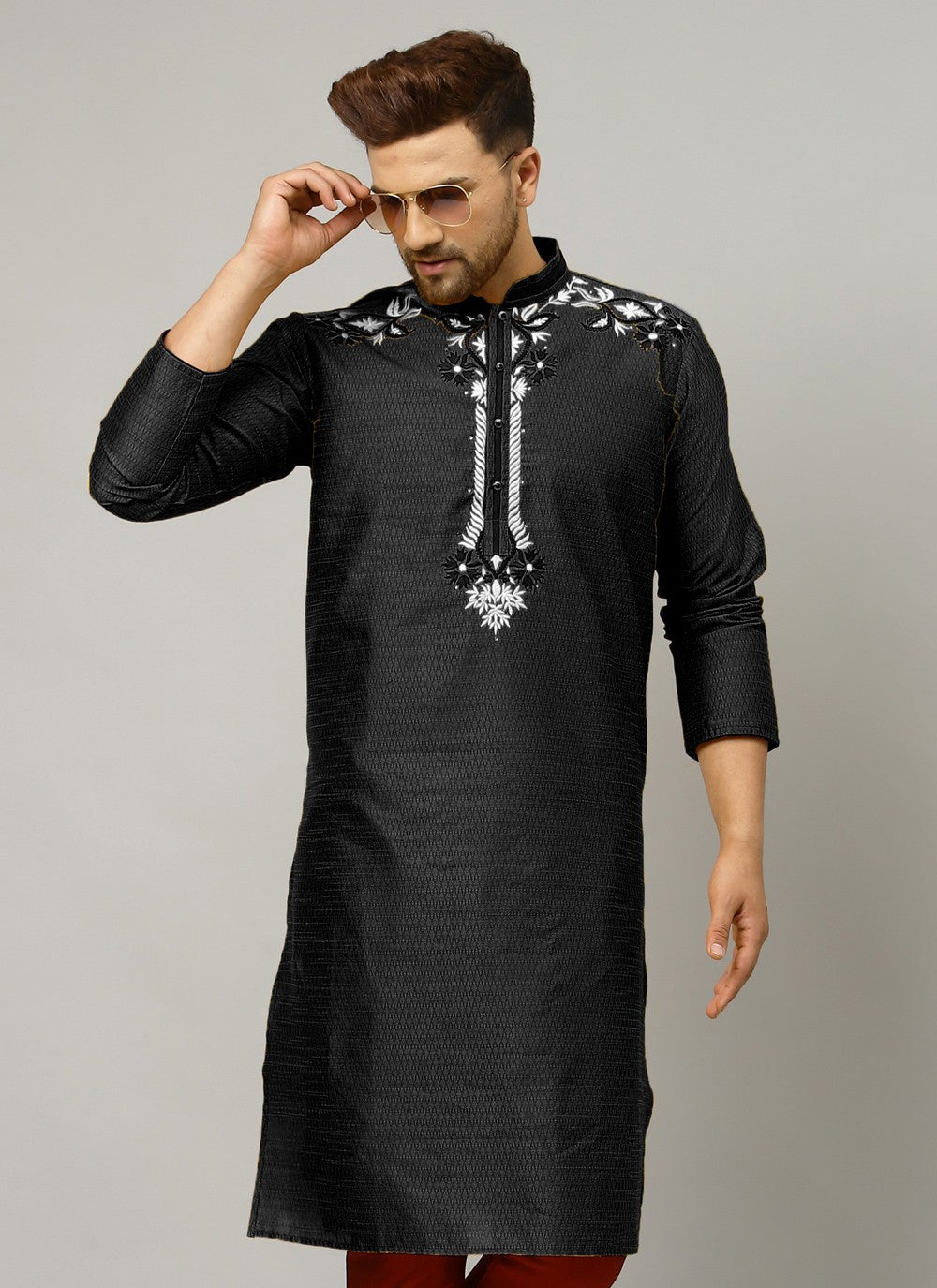 Embroidered Art Dupion Silk Black Kurta - M4233